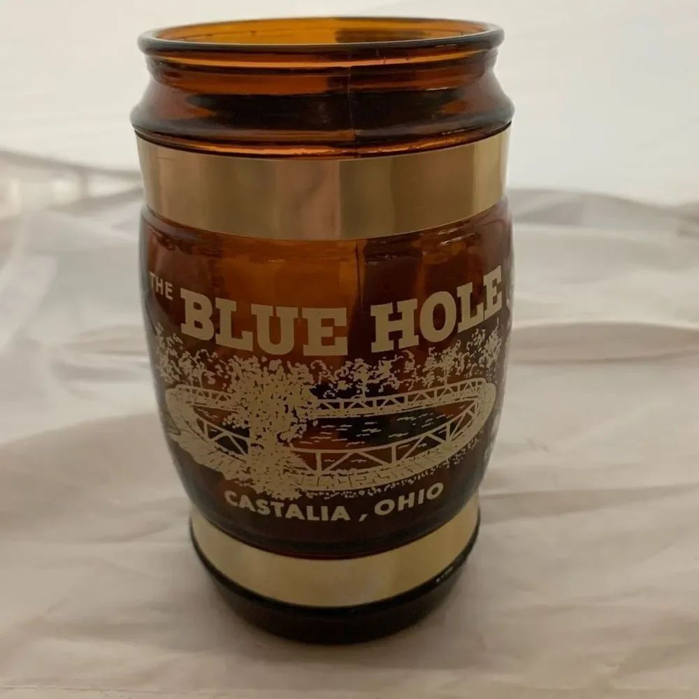 The Blue Hole Castalia Ohio Vintage Brown Glass Mug With Wood Handle
